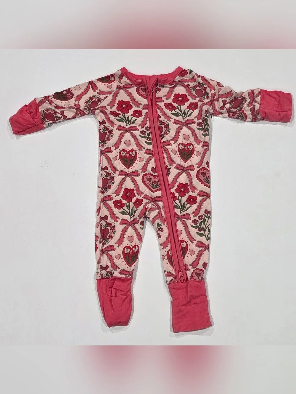 Pink Floral & Heart Footed One-Piece Pajama Preemie